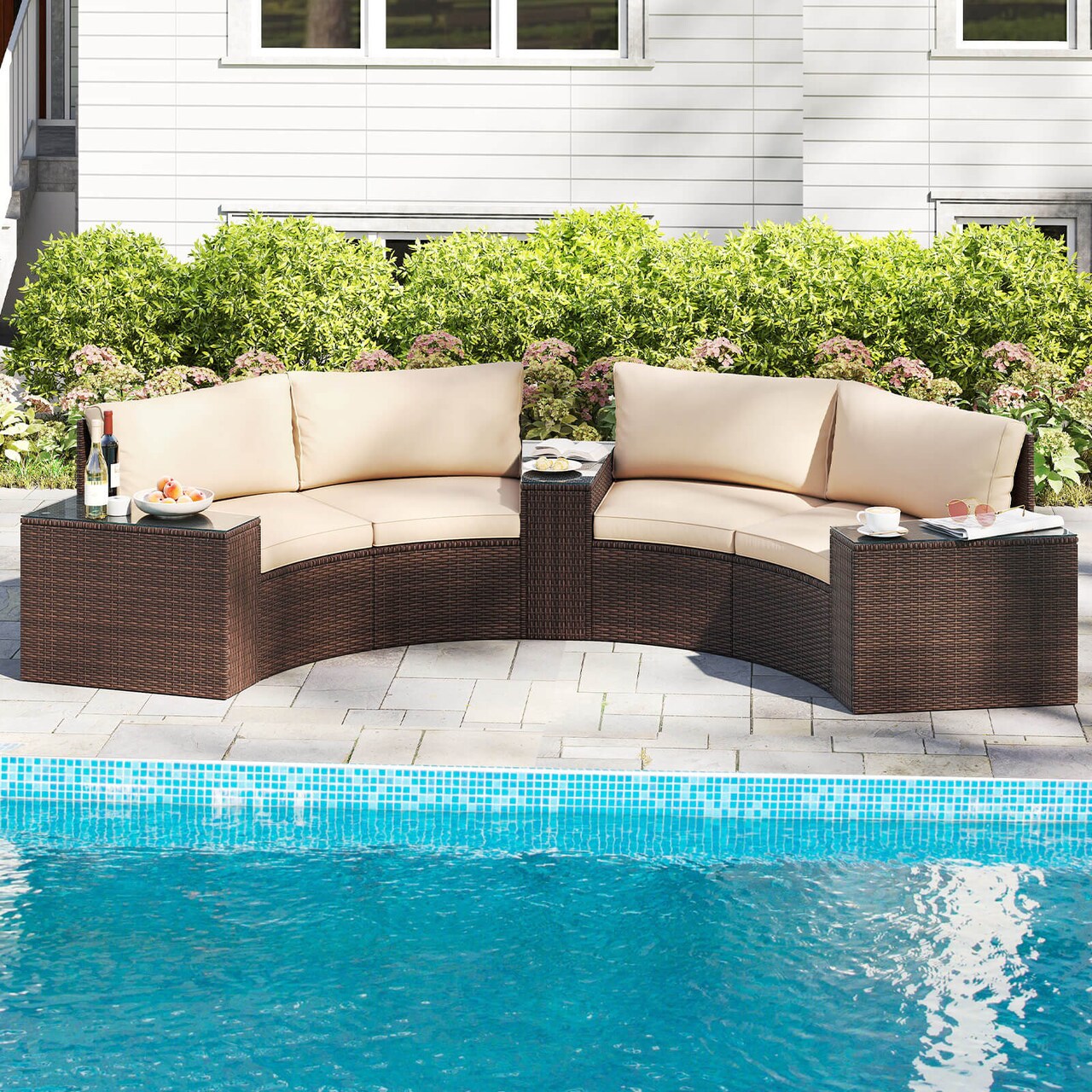 Costway 5 PCS Patio Furniture Set with Tempered Glass Top Side Tables Back & Seat Cushions
